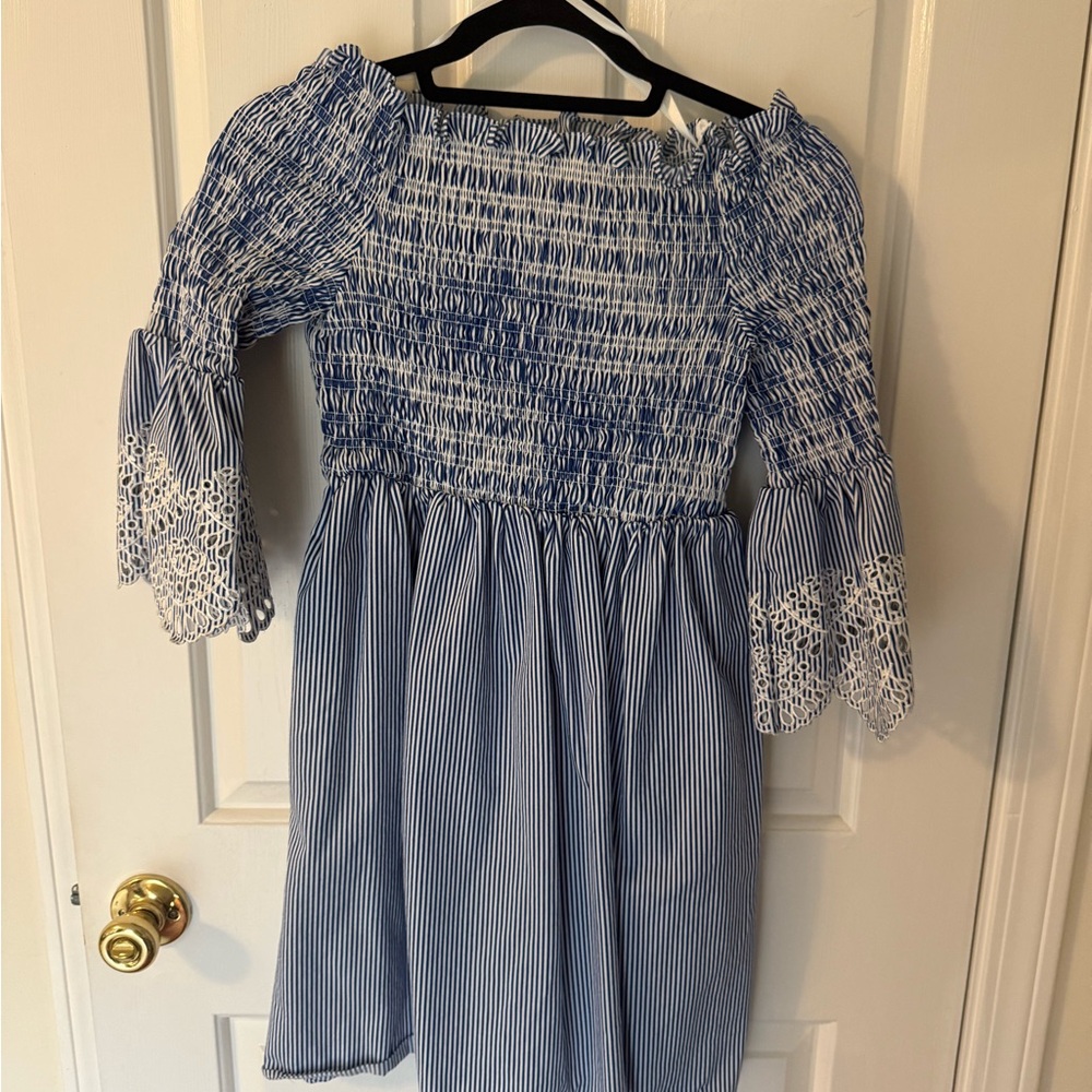 Ted Baker Blue and White Off-Shoulder Dress